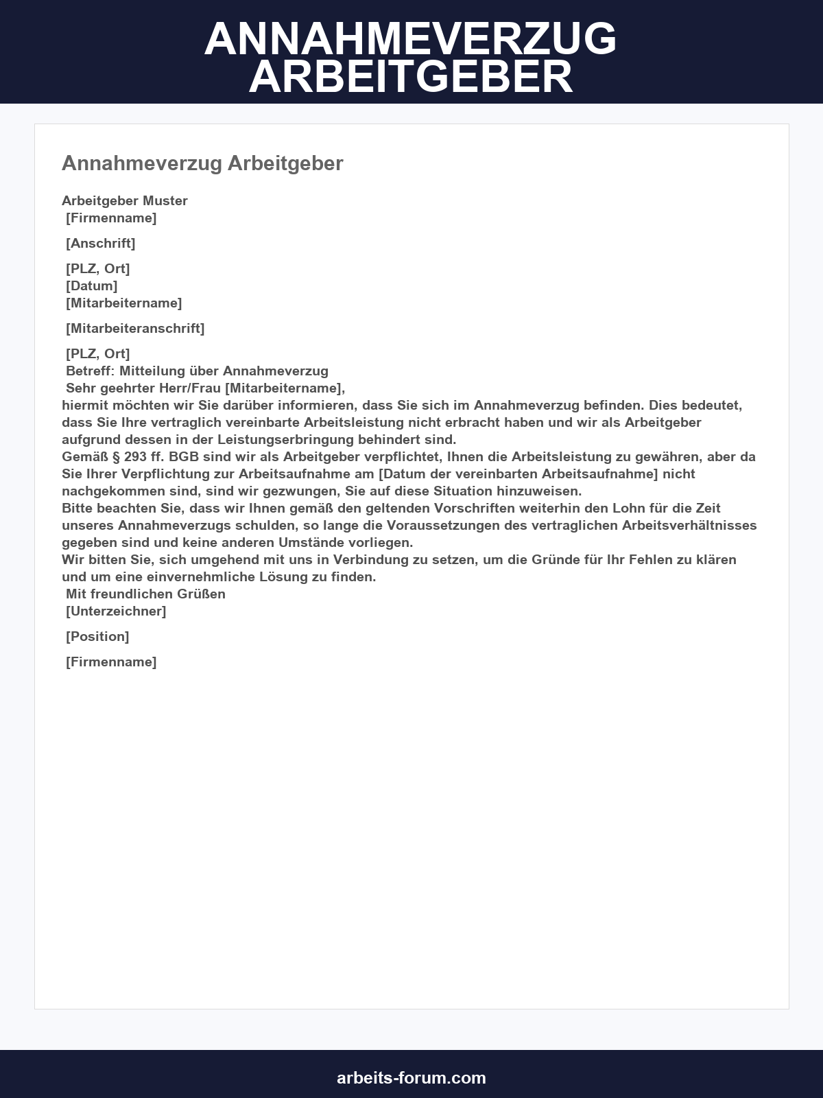 Annahmeverzug Arbeitgeber Musterschreiben