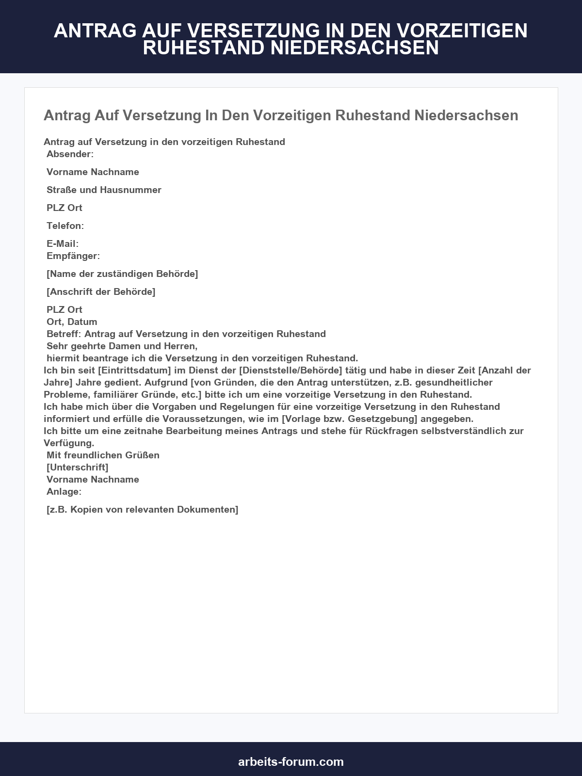 Muster Antrag Auf Versetzung In Den Vorzeitigen Ruhestand Niedersachsen