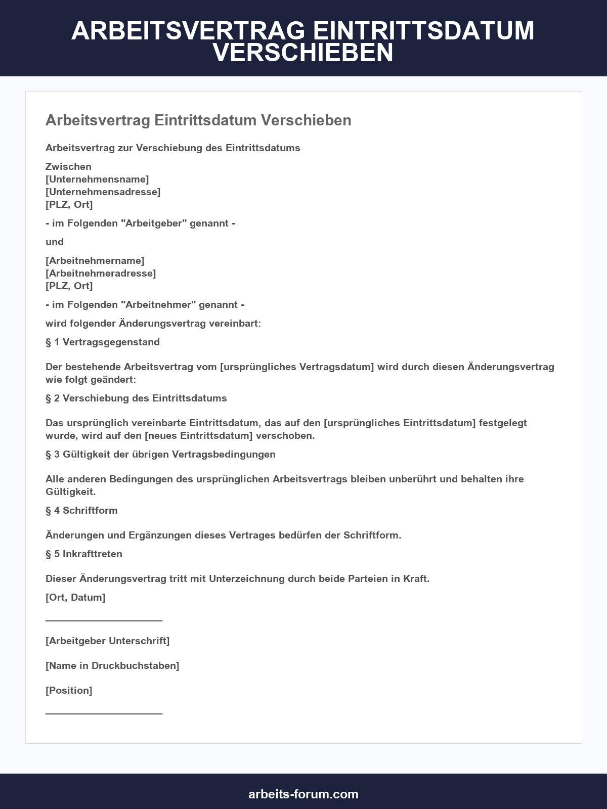 Arbeitsvertrag Eintrittsdatum Verschieben Muster