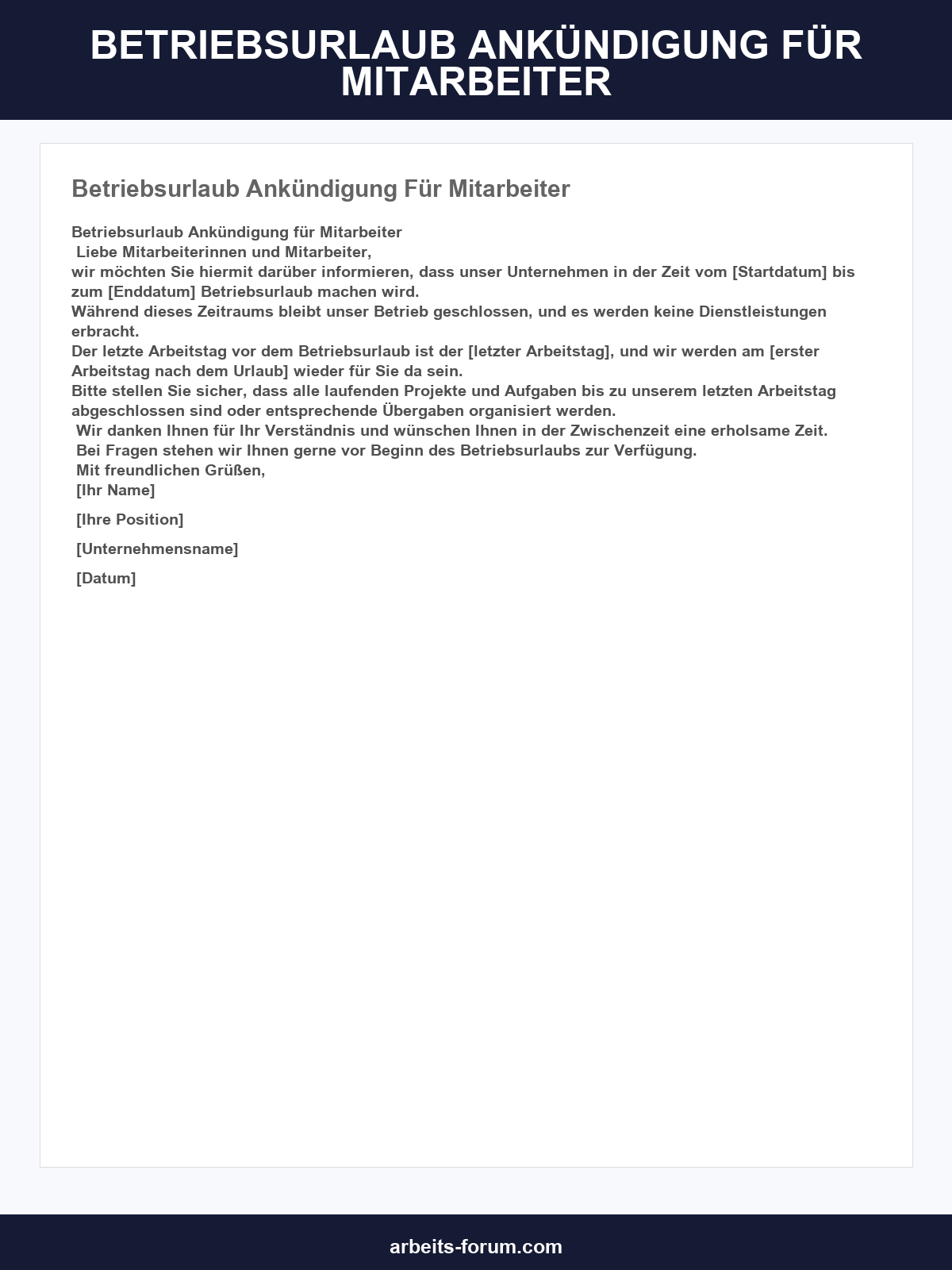 Betriebsurlaub Ankündigung Für Mitarbeiter Vorlage