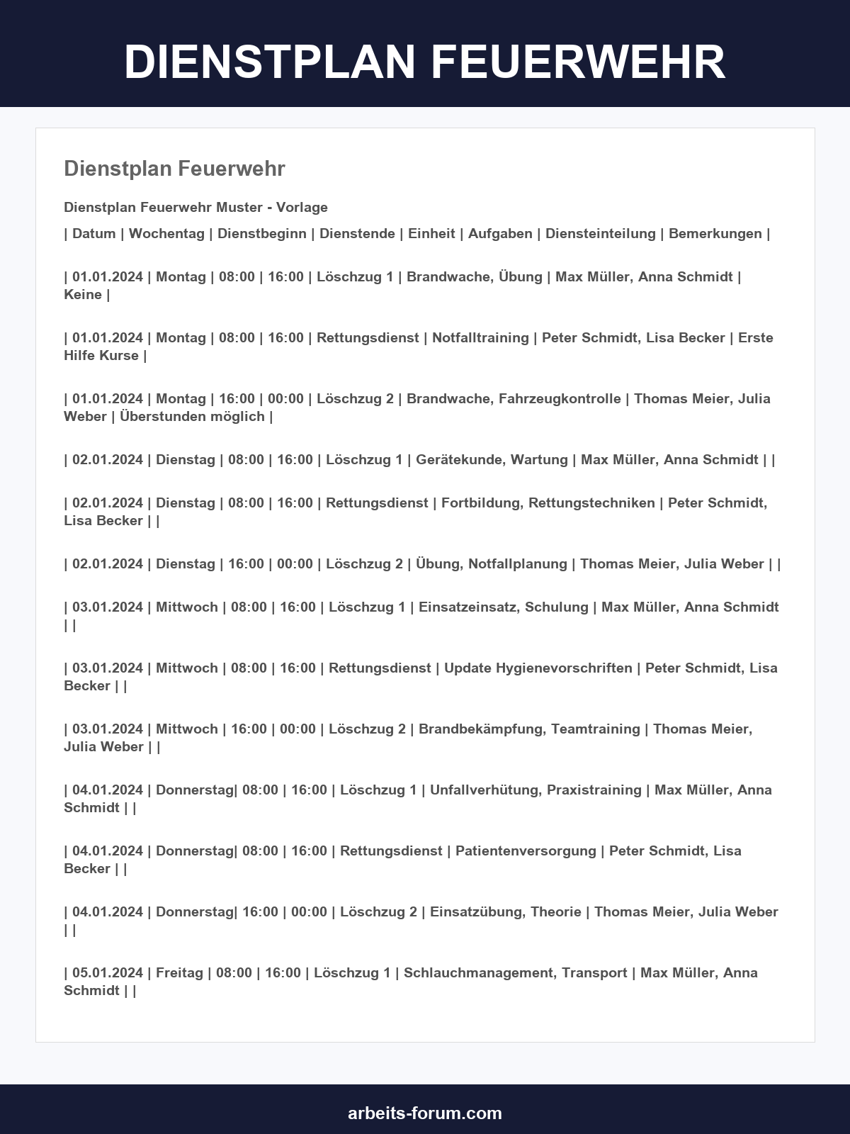 Dienstplan Feuerwehr Vorlage