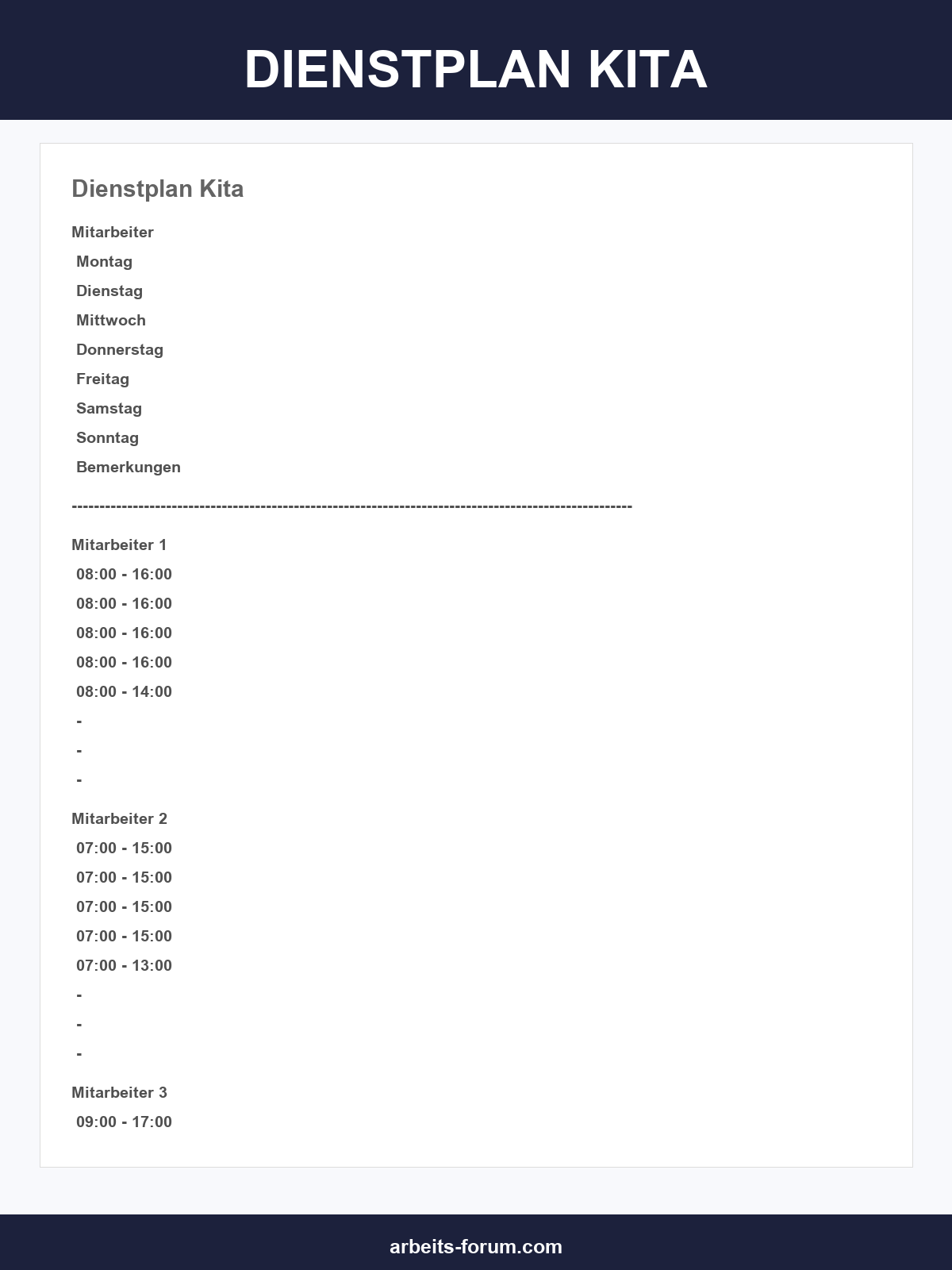 Dienstplan Kita Vorlage