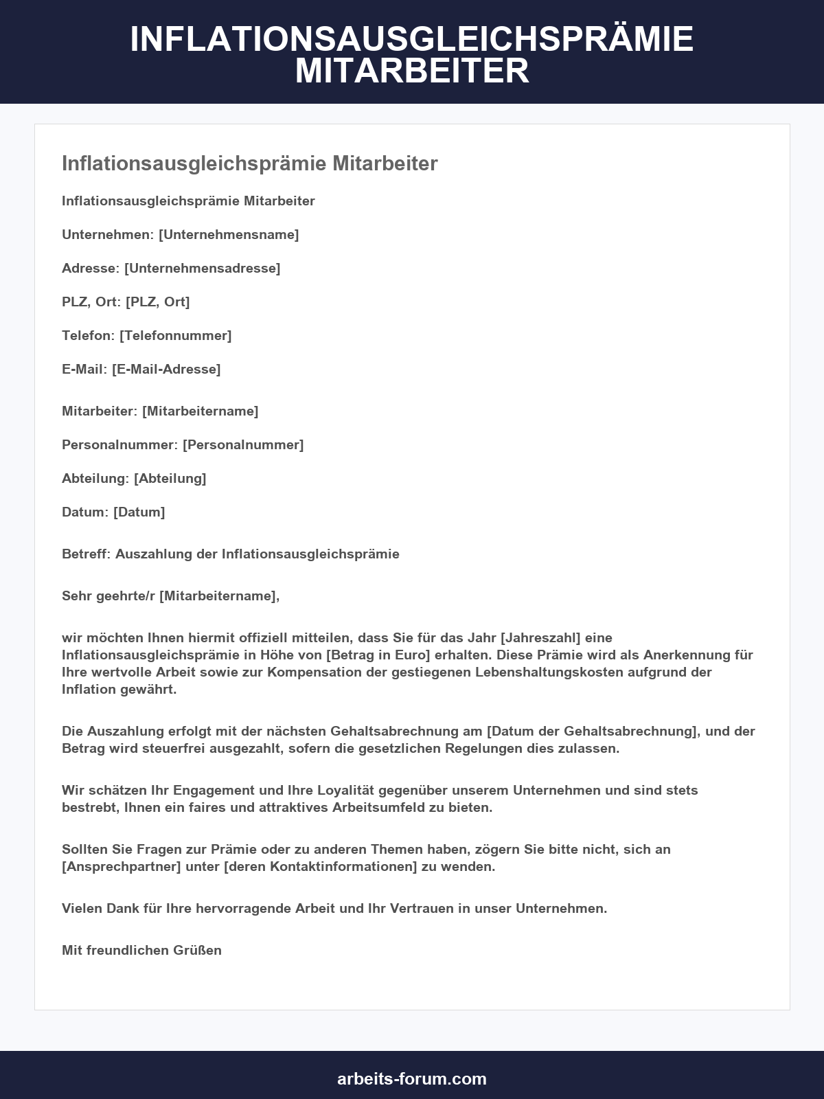 Musterschreiben Inflationsausgleichsprämie Mitarbeiter