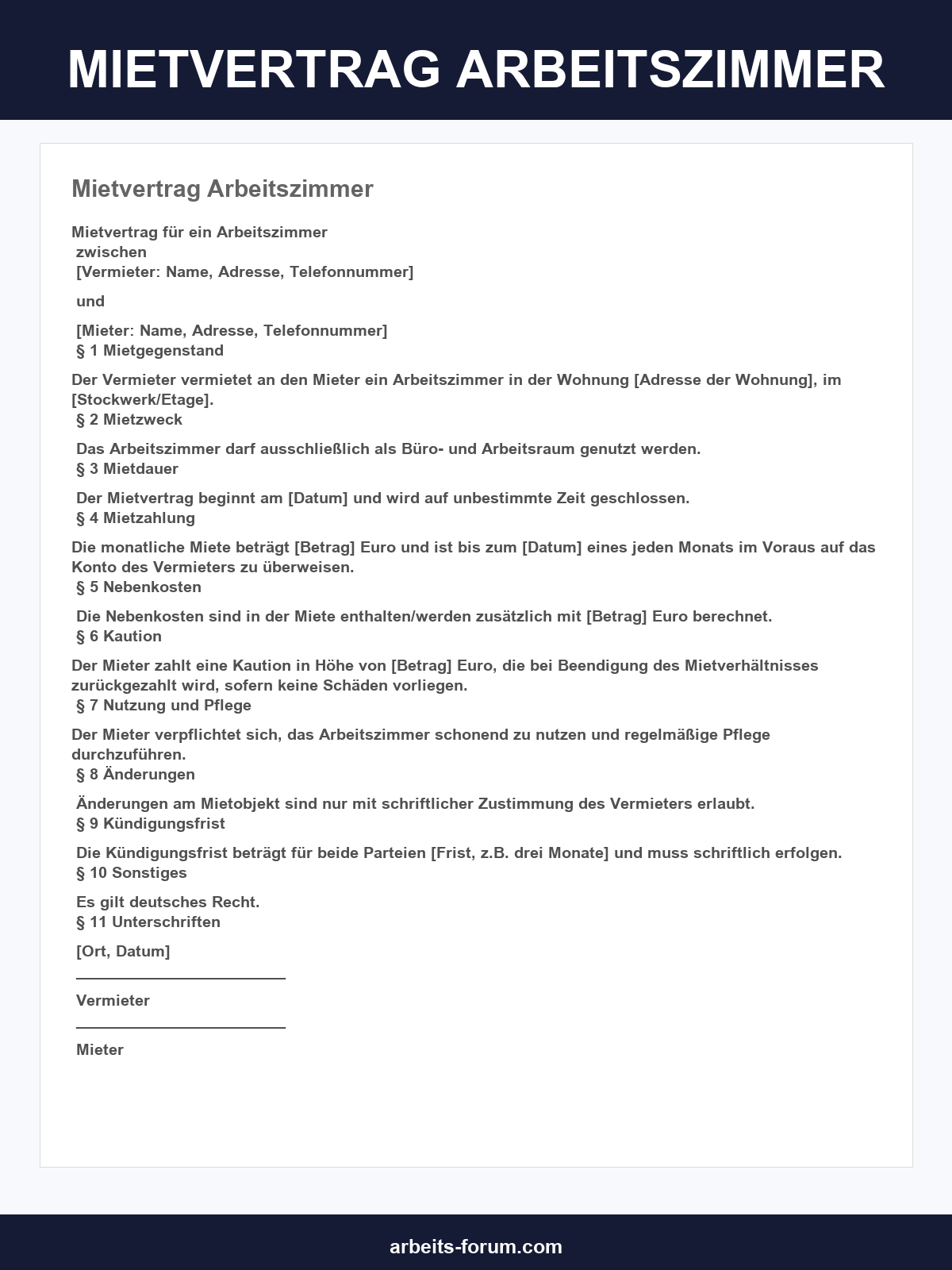 Mietvertrag Arbeitszimmer Vorlage