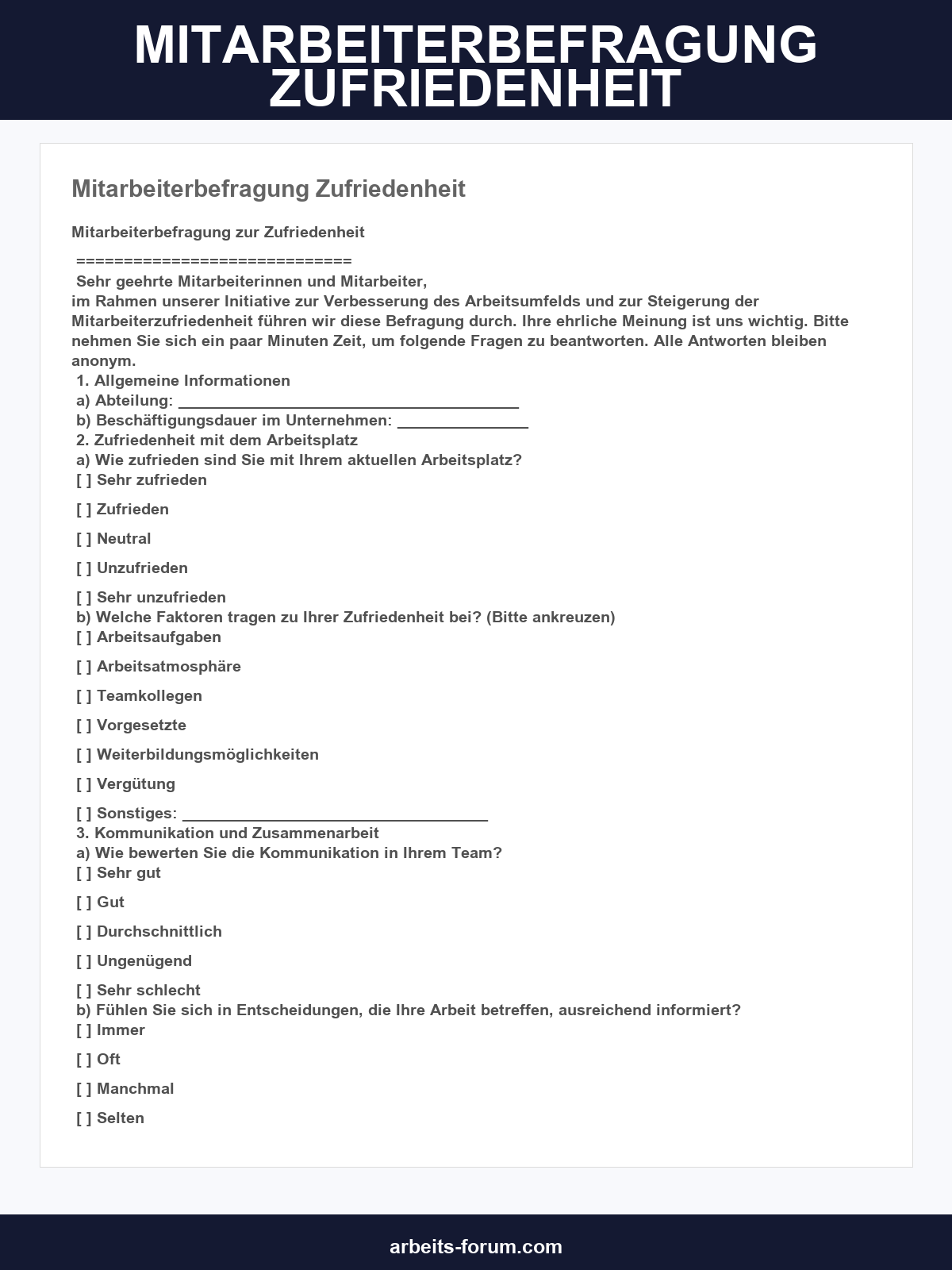 Mitarbeiterbefragung Zufriedenheit Vorlage