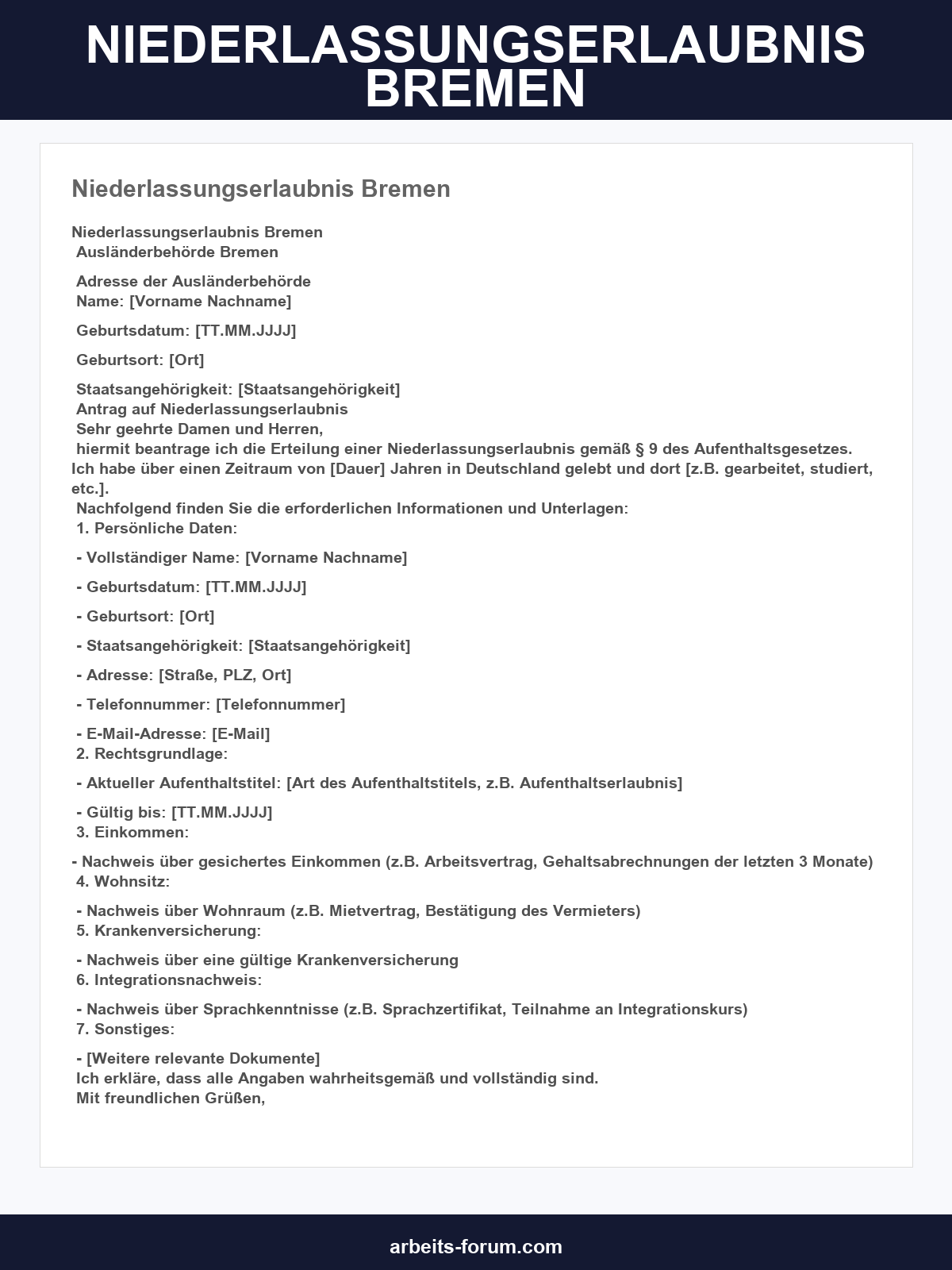 Niederlassungserlaubnis Formular Bremen