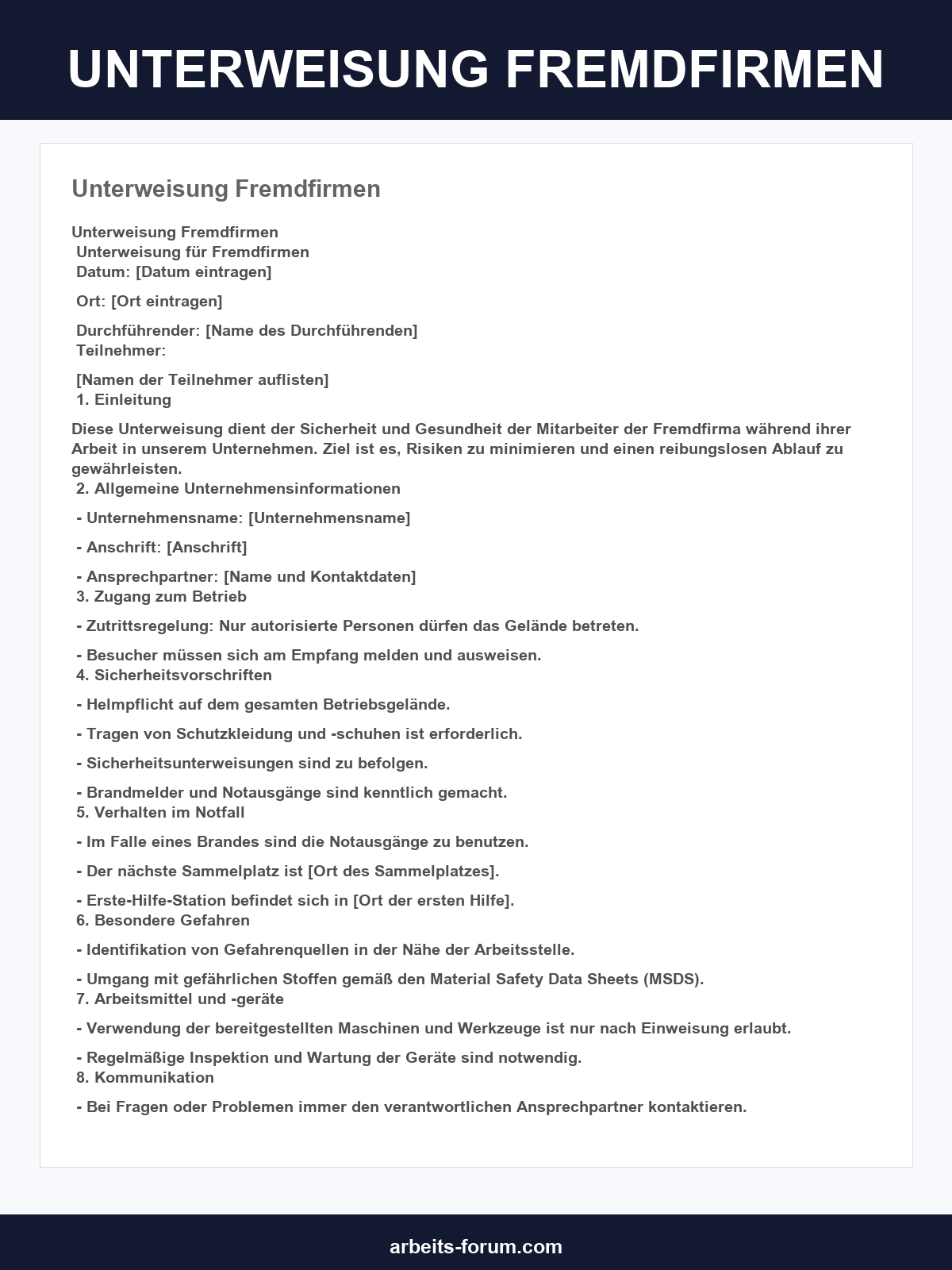 Unterweisung Fremdfirmen Vorlage