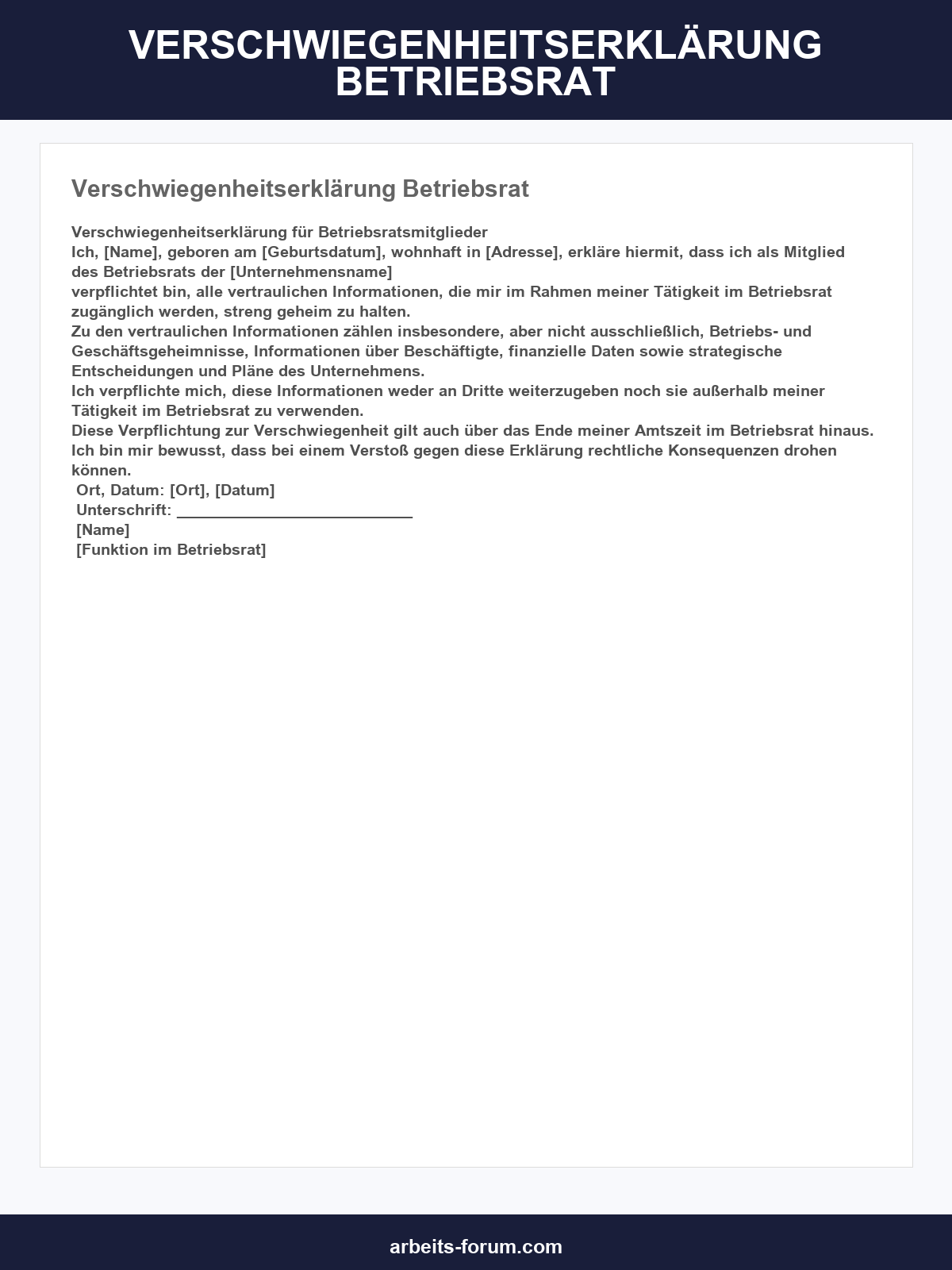 Verschwiegenheitserklärung Betriebsrat Muster