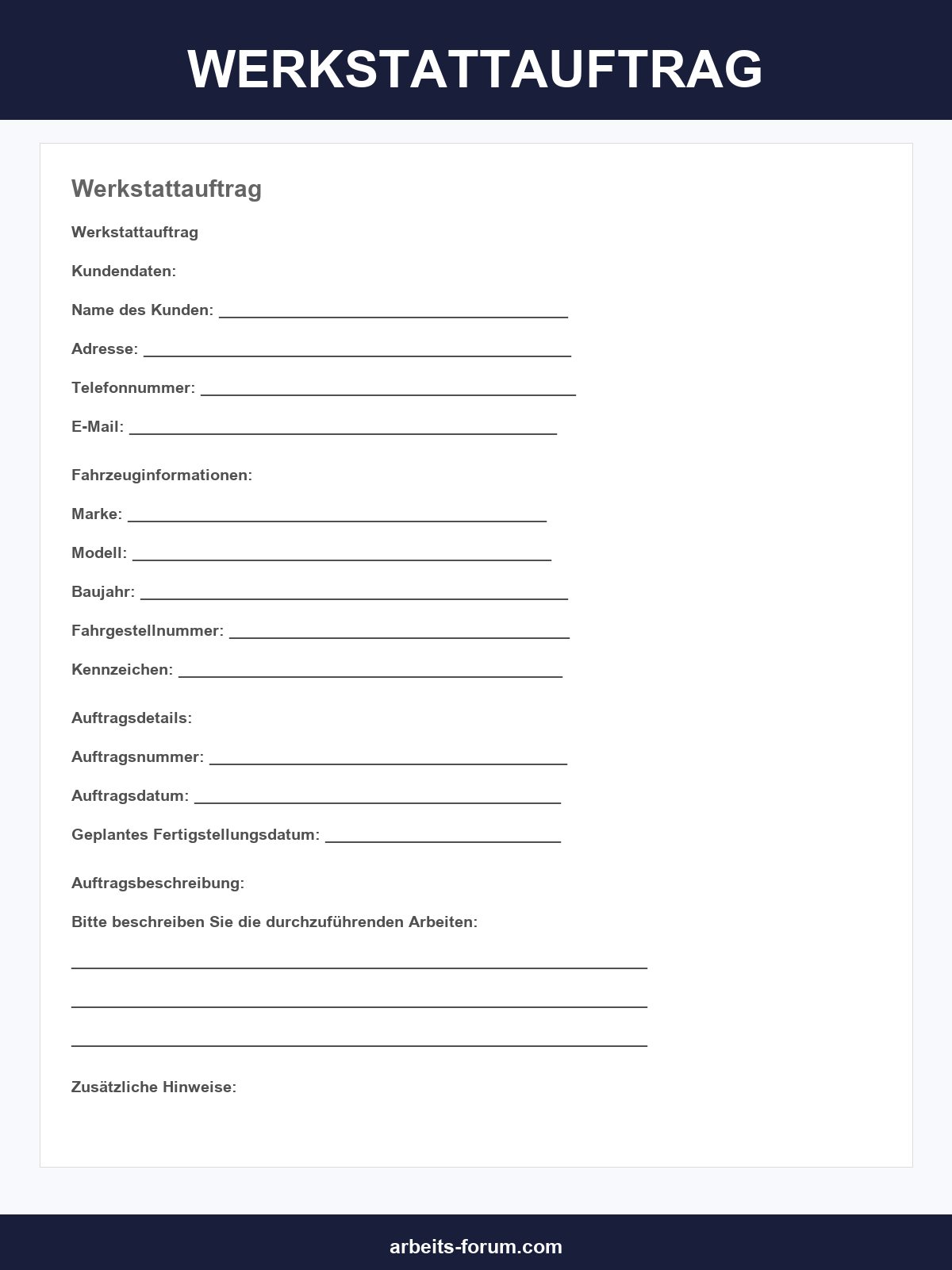 Werkstattauftrag Vorlage